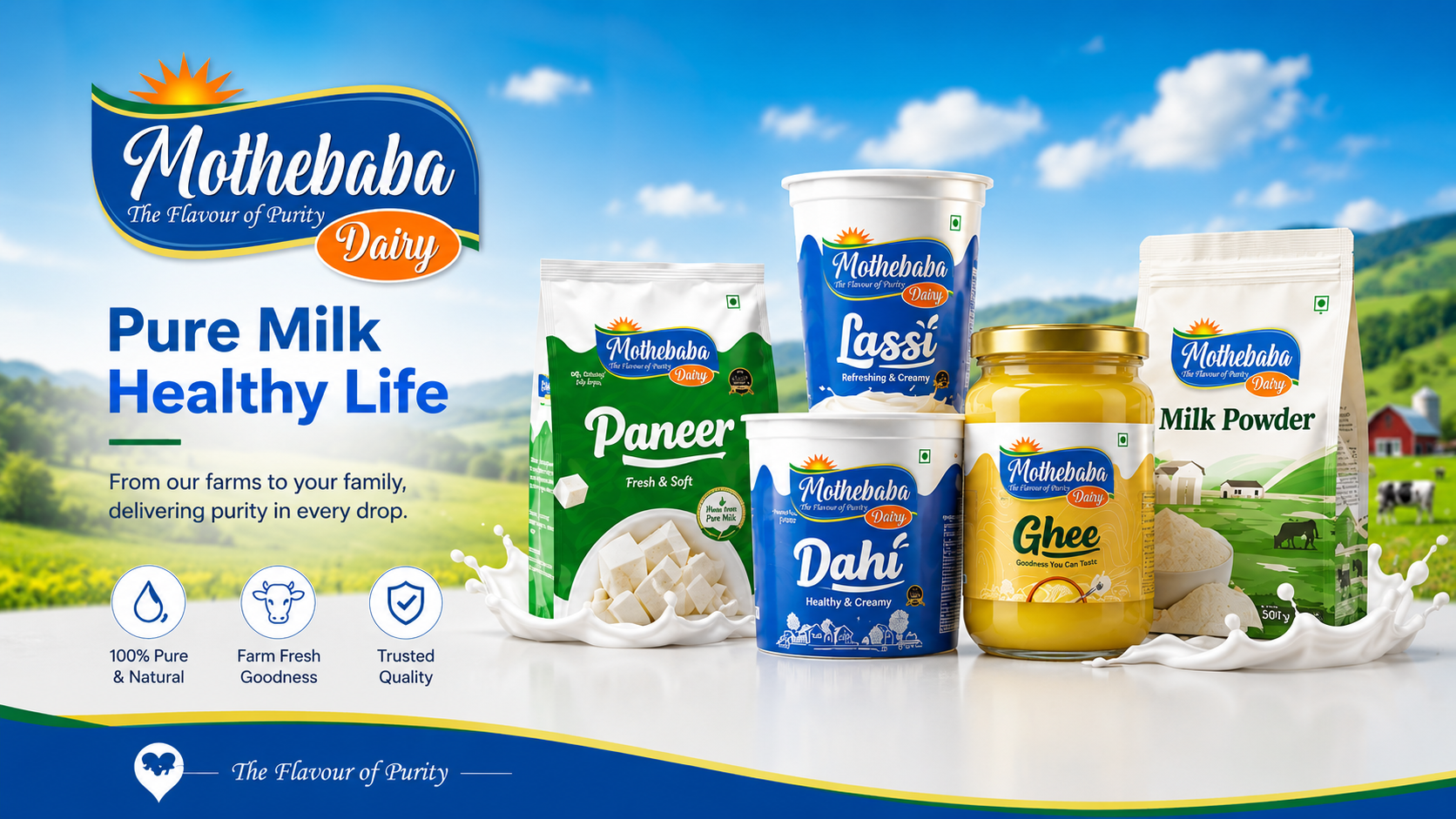 Mothebaba Dairy — Pure Milk, Healthy Life. Full product range including Paneer, Lassi, Dahi, Ghee and Milk Powder.